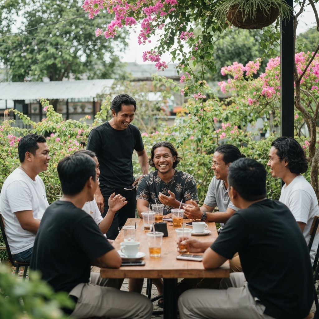 Men socializing at outdoor cafe
